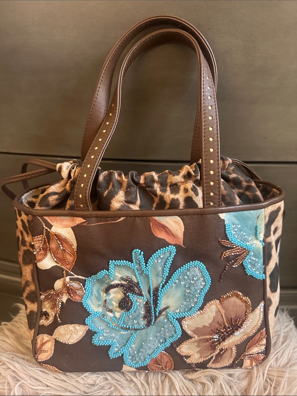 Isabella Fiore Brown Tote with Turquoise Floral Embellishment and Leopard Print